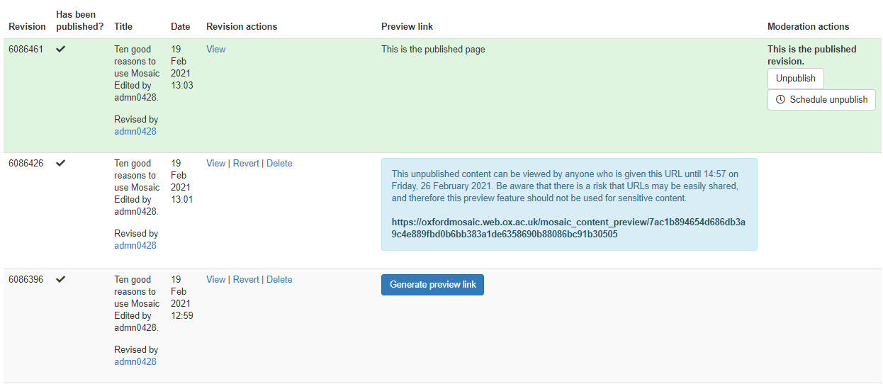draft preview link generated in a page's moderation table 