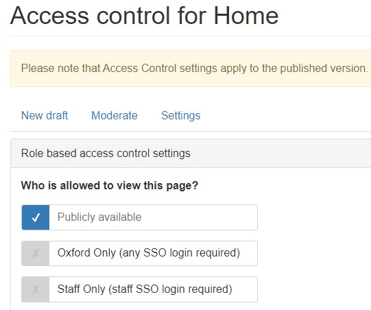 screenshot access control options on edit page tab for Settings for publicly available or behind SSO