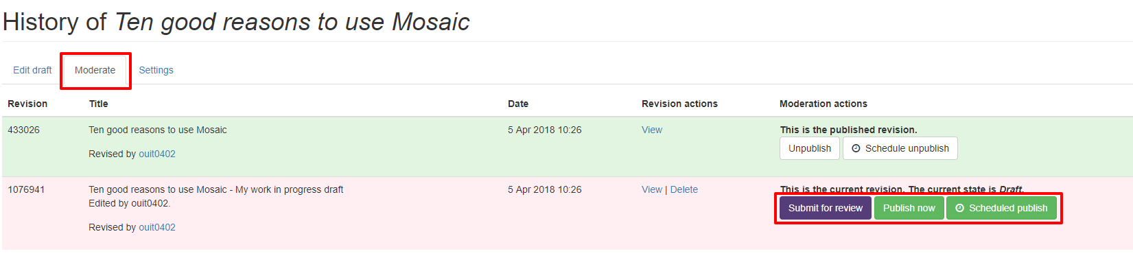 Workflow moderation page