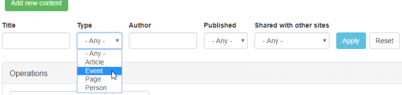 Manage Content > Content > Filter using content type