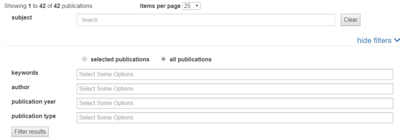 Screenshot of Publications listing widget 'More' page with 'Filters' section expanded Screenshot of Publications listing widget 'More' page with 'Filters' section expanded