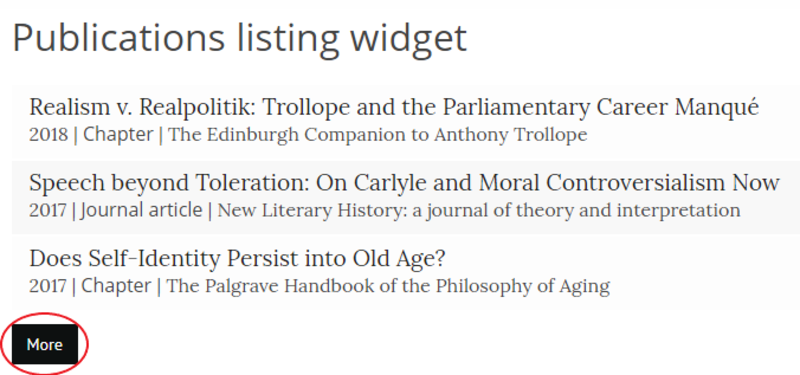 Publications listing widget with 'More' button circled Screenshot of Publications listing widget with 'More' button circled