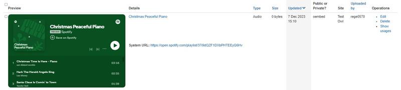 screenshot manage content view files area for embedded Spotify playlist