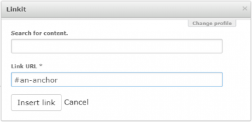 Entering an anchor ID into the Link URL field in the Linkit modal